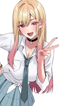 1girl black_choker blonde_hair blue_necktie blue_skirt blush breasts choker cleavage collared_shirt colored_tips fake_nails gyaru hair_behind_ear hand_on_own_hip highres jewelry kitagawa_marin kogal large_breasts long_hair long_sleeves looking_at_viewer multicolored_hair nakano_kura necktie open_mouth pink_nails plaid_clothes plaid_skirt red_eyes shirt skirt sleeves_rolled_up smile solo sono_bisque_doll_wa_koi_wo_suru tied_shirt tongue v white_shirt