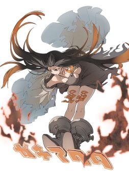 1girl absurdres amo_empool bent_over boots breasts brown_hair cleavage colored_tips detached_sleeves dress full_body gachiakuta highres large_breasts long_hair makeup multicolored_hair orange_eyes orange_hair orange_scarf riria_kaiga scarf simple_background solo thighs white_background