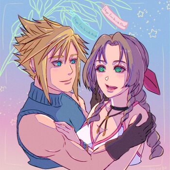 aerith_gainsborough aqua_eyes bare_shoulders black_gloves blonde_hair blue_shirt braid braided_ponytail breasts brown_hair choker cleavage closed_mouth cloud_strife commentary_request couple cropped_torso dress earrings final_fantasy final_fantasy_vii final_fantasy_vii_rebirth final_fantasy_vii_remake flower_choker gloves green_eyes hair_between_eyes hair_ribbon hand_on_another&#039;s_shoulder hetero highres hug jewelry komeko_(strikek-lvvjm27) light_blush long_hair looking_at_another medium_breasts muscular muscular_male open_mouth parted_bangs pink_dress pink_ribbon ribbon shirt short_hair sidelocks single_braid single_earring sleeveless sleeveless_dress sleeveless_turtleneck smile spiked_hair tanabata turtleneck