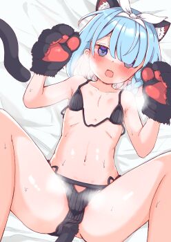 1girl anal anal_beads anal_object_insertion anal_tail animal_ear_fluff animal_ears animal_hands arona_(blue_archive) bed_sheet black_bra black_panties blue_archive blue_hair blue_pupils blush bow_hairband bra braid butt_plug cameltoe cat_ears cat_paws cat_tail clothing_aside collarbone colored_inner_hair commentary_request fake_animal_ears fake_tail feet_out_of_frame flat_chest gloves hair_over_one_eye hair_ribbon hairband heavy_breathing highres loli lying m_legs multicolored_hair navel object_insertion on_back open_mouth panties panties_aside paw_gloves pink_hair purple_eyes ribbon short_hair side_braid single_braid solo spread_legs steam sukuda_mizuo sweat tail underwear underwear_only white_hairband white_ribbon