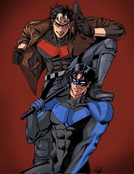 bat_signal batman_(series) batman_symbol black_bodysuit black_gloves black_hair bodysuit brothers brown_jacket dc_comics dick_grayson domino_mask eye_mask gloves grey_bodysuit highres holding jacket jason_todd jjangpeoboi male_focus mask multicolored_bodysuit multicolored_hair multiple_boys muscular muscular_male nightwing open_clothes pants red_hood_(dc) red_hood_and_the_outlaws shirt short_hair siblings superhero_costume taut_bodysuit two-tone_bodysuit