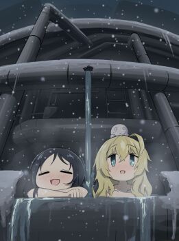 Rule 34 | 2girls, absurdres, ahoge, bathing, black hair, blonde hair, blue eyes, blush, chito (shoujo shuumatsu ryokou), collarbone, commentary request, creature on head, crossed arms, highres, industrial pipe, karmanimaxwx, multiple girls, nuko (shoujo shuumatsu ryokou), open mouth, outdoors, partially submerged, same-sex bathing, shared bathing, shoujo shuumatsu ryokou, snow, steam, water, yuuri (shoujo shuumatsu ryokou)