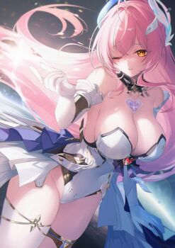 1girl ;) absurdres aemeath_(wuthering_waves) bare_shoulders breasts commentary elbow_gloves gloves hair_intakes hair_ornament hand_up highleg highleg_leotard highres jiang_ye_kiri large_breasts leotard long_hair looking_at_viewer mole mole_on_shoulder one_eye_closed orange_eyes parted_lips pink_hair showgirl_skirt skirt smile solo star-shaped_pupils star_(symbol) strapless strapless_leotard symbol-shaped_pupils tacet_mark_(wuthering_waves) thighs white_gloves white_leotard white_skirt wuthering_waves