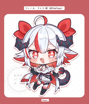 1girl :3 :d ahoge black_boots black_gloves black_horns blush_stickers boots border chibi chibi_only commentary_request double-parted_bangs dress drop_shadow egissi fangs fika_freya fingerless_gloves full_body gloves hair_ribbon highres horns indie_virtual_youtuber looking_at_viewer multicolored_hair open_mouth outline polka_dot polka_dot_background red_border red_eyes red_hair red_ribbon ribbon sample_watermark short_sleeves smile solo standing streaked_hair tail two-tone_hair virtual_youtuber watermark watermark_grid white_background white_dress white_hair white_outline