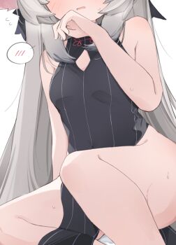 1girl animal_ear_fluff animal_ears armpit_crease bare_arms bare_legs black_bow black_dress blue_archive blush bow breasts china_dress chinese_clothes clothing_cutout commentary covered_navel diamond_cutout dress ears_down embarrassed eyes_out_of_frame feet_out_of_frame flying_sweatdrops grey_hair hair_bow hand_up head_out_of_frame kokona_(blue_archive) long_hair medium_breasts open_mouth pelvic_curtain side_slit sidelocks simple_background sitting sleeveless sleeveless_dress solo speech_bubble spoken_blush striped_clothes striped_dress sweat thighs tiger_ears tiger_girl tntl_nemui vertical-striped_clothes vertical-striped_dress very_long_hair white_background