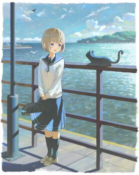 Rule 34 | 1girl, against railing, bird, black cat, blue eyes, blue skirt, blue sky, blue socks, brown hair, brown shoes, cat, cloud, cloudy sky, commentary request, day, feel (nasitaki), highres, light blush, loafers, long sleeves, looking at animal, medium skirt, ocean, open mouth, original, outdoors, pier, railing, scenery, school uniform, seagull, serafuku, ship, shoes, short hair, skirt, sky, smile, socks, solo, sweater, watercraft, white sweater