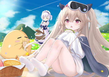 2girls absurdres azur_lane blonde_hair blush_stickers cherry_blossoms chestnut_mouth closed_eyes cloud commentary_request contrail dress eating feet flower food goggles goggles_on_head hair_ornament highres hill little_anchorage_(azur_lane) little_bel_(azur_lane) long_hair long_sleeves maid maid_headdress manjuu_(azur_lane) multiple_girls open_mouth paashe petals picnic picnic_basket red_eyes sandwich sitting sleeves_past_fingers sleeves_past_wrists smile socks thighs white_hair white_socks