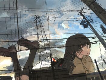 1girl 62_retas black_hair cloud contrail day long_hair looking_at_viewer original outdoors power_lines sketch sky solo traffic_light utility_pole