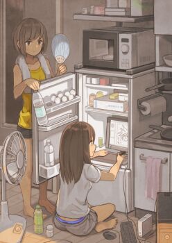 2girls barefoot bottle brown_eyes brown_hair collarbone commentary computer computer_keyboard computer_mouse computer_tower drawing drawing_tablet electric_fan final_fantasy final_fantasy_vii from_behind hand_fan highres holding holding_bottle indian_style indoors kitchen long_hair microwave monitor multiple_girls original panties panty_peek paper_fan refrigerator refrigerator_interior short_hair shorts sideways_mouth sitting slice_of_life standing sweat tank_top tomioka_jirou towel towel_around_neck uchiwa underwear water_bottle wooden_floor yellow_tank_top