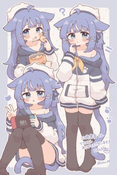 Rule 34 | 1girl, ?, absurdres, animal ears, artist name, black thighhighs, blue eyes, blue hair, cat ears, cat girl, cat tail, chips (food), closed mouth, colon br, commentary request, commission, convenient leg, food, hair ornament, hairclip, handheld game console, hat, highres, holding, holding food, holding handheld game console, jacket, long hair, long sleeves, multiple views, nia (ayanepuna), nintendo switch, no shoes, open mouth, original, parallel hairclips, potato chips, single bare shoulder, sitting, skeb commission, standing, tail, thighhighs, w, white hat, white jacket