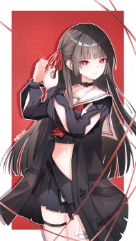 1girl arm_cutout black_choker black_hair black_jacket black_serafuku black_shirt black_skirt border chinese_commentary chisa_(wuthering_waves) choker closed_mouth clothing_cutout collarbone commentary_request cowboy_shot crop_top hair_ribbon highres jacket large_variant_set long_hair long_sleeves looking_at_viewer midriff mole mole_under_eye neckerchief no_panties open_clothes open_skirt red_background red_eyes red_neckerchief red_ribbon ribbon sailor_collar school_uniform serafuku shirt skirt smile solo thigh_strap thighs variant_set white_border white_sailor_collar wuthering_waves yuanzi_ako