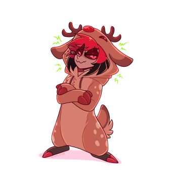 Rule 34 | 1boy, alastor (hazbin hotel), animal ears, antlers, black hair, colored sclera, crossed arms, dark-skinned male, dark skin, deer antlers, deer costume, deer ears, full body, hazbin hotel, hellaverse, highres, horns, male focus, monocle, nomi (artist), red eyes, red hair, red sclera, simple background, slit pupils, smile, solo, standing, white background