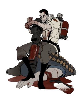 2boys adapted_costume backpack bag bandolier belt black_hair blood blood_on_clothes blood_on_face blood_on_hands bloody_weapon blu_heavy_(tf2) bonesaw boots decapitation doctor facial_hair glasses guro headless heavy_(tf2) highres licking_lips long_coat male_focus mature_male medi_gun medic_(tf2) multiple_boys musk8r no_gloves planted planted_gun pool_of_blood red_medic_(tf2) saw severed_arm severed_limb sitting sitting_on_person sleeves_rolled_up stubble suspenders team_fortress_2 the_quick-fix tongue tongue_out weapon