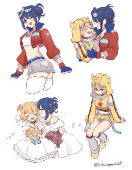 2girls autobot blonde_hair blue_eyes blue_hair blush breasts bumblebee_(kotobukiya_bishoujo)_(transformers) bumblebee_(transformers) closed_eyes commentary commentary_request crop_top double_bun eyewear_on_head fingerless_gloves glasses gloves hair_behind_ear hair_bun highres hug jacket jewelry kotobukiya_bishoujo multiple_girls necklace optimus_prime optimus_prime_(kotobukiya_bishoujo) red_jacket shirt short_hair smile suo_(kikurageinu28) symbol-only_commentary transformers transformers:_generation_1 yuri