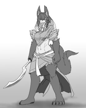 abs absurdres ancient_egyptian ancient_egyptian_clothes animal_ear_fluff animal_ears bobanon braid breasts dark-skinned_female dark_skin egyptian_mythology full_body highres khopesh less long_tongue midriff monster_girl monster_girl_encyclopedia navel neck original pelvic_curtain set_(less/bob) set_(mythology) sharp_teeth sword tail tall_female teeth tongue underboob vagabonds weapon wolf_ears wolf_girl wolf_paws wolf_tail