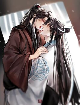 Rule 34 | 2boys, after kiss, ahoge, alternate costume, bishounen, black hair, blurry, blurry foreground, blush, carrying, carrying person, chinese clothes, chinese commentary, commentary request, couple, depth of field, eye contact, hand on another's shoulder, hanfu, headband, highres, hug, lan wangji, long hair, long sleeves, looking at another, loxunzixin31122, male focus, modao zushi, multiple boys, open mouth, ponytail, profile, red eyes, red hanfu, robe, saliva, saliva trail, sidelocks, sitting, sitting on lap, sitting on person, tongue, tongue out, topknot, upper body, wei wuxian, white hanfu, white headband, wide sleeves, xiao guan (headdress), yaoi, yellow eyes