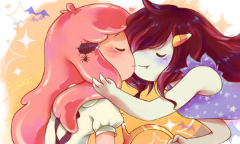 adventure_time black_hair blue_shirt bug candy cloak daycolours flying food halloween jewelry kiss kissing_cheek marceline_abadeer pink_hair princess_bonnibel_bubblegum ring shirt spider vampire white_cloak yuri