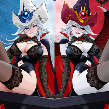 Rule 34 | bertstudent, black thighhighs, breasts, cape, cleavage, cleavage cutout, clothing cutout, colored skin, dark persona, demon wings, dual persona, duel monster, earrings, grey hair, grey skin, hair between eyes, hat, jewelry, large breasts, long hair, navel cutout, parted lips, purple eyes, red eyes, silent magician, smile, thighhighs, two-tone hat, white hat, wings, wizard hat, yu-gi-oh!