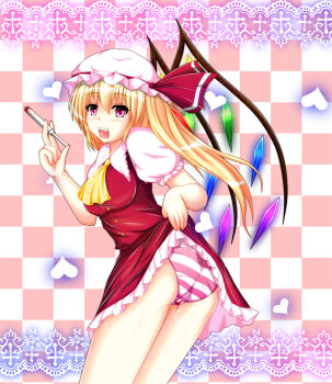 1girl :d aged_up alternate_breast_size_(larger) ascot bad_id bad_pixiv_id blonde_hair blood blush breasts checkered_background clothes_lift crystal fang female_focus flandre_scarlet hat hat_ribbon heart long_hair looking_at_viewer menstruation mob_cap open_mouth panties puffy_short_sleeves puffy_sleeves red_eyes red_ribbon ribbon short_sleeves side_ponytail skirt skirt_lift skirt_set smile solo striped_clothes striped_panties suggestive_fluid taka_(hiroa) tampon touhou underwear wings