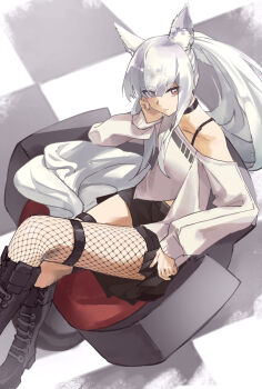 1girl absurdres alternate_costume animal_ear_fluff animal_ears arknights black_boots black_choker black_skirt boots brown_eyes chair checkered_floor choker highres horse_ears horse_girl horse_tail long_hair long_sleeves looking_at_viewer platinum_(arknights) ponytail shirt single_bare_shoulder single_fishnet_legwear single_off_shoulder sitting skirt solo tail white_hair white_shirt yagi000