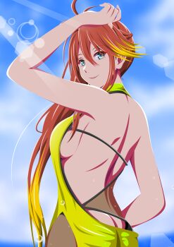 1girl absurdres ass back blue_eyes blue_sky breasts butt_crack double-parted_bangs eiyuu_densetsu highres judith_lanster kuro_no_kiseki_(series) light_smile long_hair looking_at_viewer one-piece_swimsuit orange_hair ponytail sideboob simple_background sky sunlight swimsuit tennen_ahoke yellow_one-piece_swimsuit