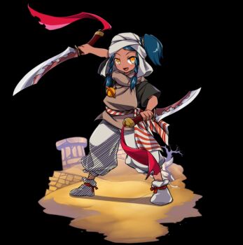 1girl bell black_background blue_hair blush braid dual_wielding fighting_stance full_body highres holding holding_sword holding_weapon jewelry merc_storia merc_storia_art_team moi_(merc_storia) necklace official_art open_mouth pants reverse_grip sash shoes short_sleeves side_braids side_ponytail simple_background smile solo standing sword tachi-e tsurime turban weapon white_pants white_shoes yellow_eyes