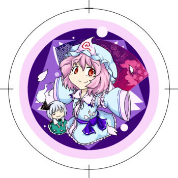 Rule 34 | 2girls, bow, dress, female focus, hair bow, hairband, hand fan, hat, kokutei n, konpaku youmu, konpaku youmu (ghost), multiple girls, pink hair, purple background, red eyes, round image, saigyouji yuyuko, silver hair, smile, split mouth, touhou, triangular headpiece
