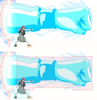 1girl black_jacket blazblue bocchi_the_rock! clenched_hands closed_eyes dress fighting_game full_body green_dress highres hiroi_kikuri hitbox jacket makoto_nanaya punching purple_hair sex simple_background torako_(toramaru) white_background