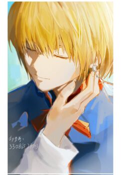 1boy blonde_hair blue_tabard border chinese_commentary closed_eyes closed_mouth commentary_request earrings highres hunter_x_hunter jewelry kurapika light_smile male_focus sevenlistening short_hair solo tabard translation_request white_border
