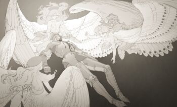 4boys absurdres angel angel_wings armor bleeding blood blood_from_mouth blood_on_face death faceless faceless_male feathered_wings feathers flying full_armor halo helmet highres injury knight long_hair male_focus medieval monochrome multiple_boys multiple_wings nosebleed original plate_armor sepia shota surrounded traditional_halo wass_nonnam white_wings wings