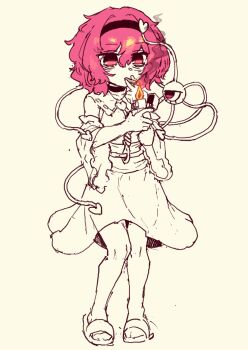 1girl cigarette full_body hairband heart highres holding holding_cigarette komeiji_satori long_sleeves partially_colored pink_eyes pink_hair rampa93 sandals shirt short_hair skirt smoking solo standing third_eye touhou