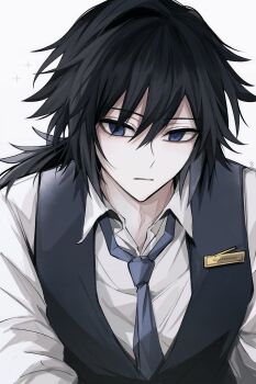 Rule 34 | 023 cream, 1boy, alternate costume, black vest, blue eyes, blue necktie, collared shirt, empty eyes, hair between eyes, highres, kimetsu no yaiba, long hair, looking at viewer, low ponytail, male focus, necktie, parted lips, ponytail, shirt, simple background, solo, spiked hair, teeth, tomioka giyuu, upper body, vest, white background, white shirt