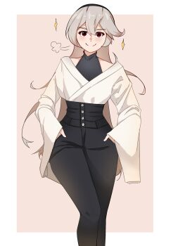 Rule 34 | 1girl, alternate costume, bakaretsu, black pants, border, commentary, english commentary, female corrin (fire emblem), fire emblem, fire emblem fates, halterneck, hands in pockets, high-waist pants, highres, long hair, looking at viewer, nintendo, outside border, pants, pink background, red eyes, simple background, smile, solo, sparkle, sparkling aura, standing, white border, wide sleeves
