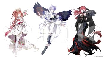 1boy 2girls absurdres ahoge alternate_costume back_bow bare_shoulders black_collar black_dress black_gloves black_pantyhose black_shirt black_shoes black_wings blue_eyes blunt_bangs blunt_ends bow braid breasts bridal_gauntlets cleavage closed_mouth collar copyright_notice cropped_jacket crossed_bangs detached_sleeves dress elbow_gloves feather_boa feathered_wings frilled_thighhighs frills fruit_pattern full_body gloves hair_between_eyes hair_ornament half_up_braid head_wings high-low_dress highres holding holding_scepter jacket knee_up kohaku_teto konkon_aria large_breasts lineup long_dress long_hair long_sleeves looking_at_viewer low_wings multiple_girls neck_ribbon neo-porte official_art outstretched_arms pants pantyhose parted_lips partially_unbuttoned pointed_crown pointy_ears pomegranate_print purple_eyes purple_hair purple_ribbon red_bow red_dress red_hair ribbon sample_watermark scarf scepter shawl shirayuki_reid shirt shoes short_hair side_ponytail side_slit sidelocks simple_background sleeveless sleeveless_dress smile spread_arms standing strapless strapless_dress thighhighs two-sided_dress two-sided_fabric two-tone_dress virtual_youtuber waist_ribbon watermark white_background white_dress white_jacket white_pants white_scarf white_shawl white_shoes white_thighhighs wings x_hair_ornament yellow_bridal_gauntlets yellow_eyes yonemuro