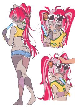 1girl 1other ^_^ absurdres ahoge arm_behind_head arm_up ass bangle bare_arms bare_legs bare_shoulders barefoot belly_chain bikini blue_tongue blush bracelet brazilian_flag brazilian_flag_print brazilian_miku brazilian_miku_(cosplay) butt_crack closed_eyes collarbone colored_skin colored_tongue commentary cosplay cropped_shirt cutoffs disembodied_hand earrings english_commentary eyewear_on_head fangs flag_print flower food grey_skin hair_flower hair_ornament hand_in_own_hair hand_on_another&#039;s_head hatsune_miku headpat heart heterochromia highleg highleg_bikini highres hololive hololive_indonesia hoop_earrings jewelry kghazir kureiji_ollie long_hair micro_shorts mole mole_on_ass multicolored_hair multiple_views nail_polish patchwork_skin pink_hair popsicle red_eyes red_hair shirt shorts simple_background single_off_shoulder stitches streaked_hair sunglasses swimsuit symbol-shaped_pupils t-shirt tied_shirt tongue tongue_out twintails very_long_hair virtual_youtuber vocaloid white-framed_eyewear white_background white_hair x-shaped_pupils yellow_eyes yellow_nails yellow_shirt