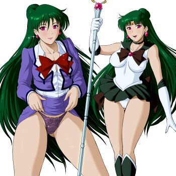 1girl absurdres bare_shoulders bishoujo_senshi_sailor_moon blush bow breasts cameltoe choker clothes_lift collarbone commentary_request covered_erect_nipples earrings elbow_gloves garnet_rod gloves gluteal_fold green_hair hair_bun highleg highleg_panties highres holding jewelry lace lace_panties large_breasts lifting_own_clothes lipstick long_hair looking_at_viewer makeup meiou_setsuna multiple_views outer_senshi panties pantyshot pink_eyes pink_lips rakusai_(saisai_garou) red_bow sailor_collar sailor_pluto sailor_senshi sailor_senshi_uniform simple_background single_hair_bun smile staff thighs underwear very_long_hair white_background
