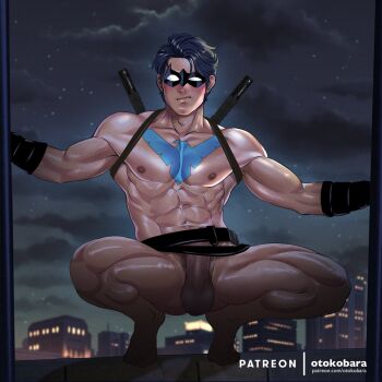 1boy abs artist_name bara batman_(series) belt black_belt black_bodysuit black_gloves black_hair blue_bodysuit blush bodysuit bulge closed_mouth dc_comics dick_grayson domino_mask erection eye_mask gloves highres large_pectorals looking_at_viewer male_focus male_pubic_hair mask muscular muscular_male navel night nightwing nipples nude otokobara outdoors paid_reward_available patreon_username pectorals penis pubic_hair short_hair sky solo squatting thick_thighs thighs weapon weapon_on_back