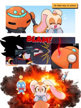 caption cheese_(sonic) clueless cream_the_rabbit egg_pawn explosion explosion_background fravoccado gloves gun hidden_face highres rifle robot shadow_the_hedgehog sonic_(series) weapon