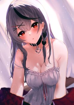 1girl bare_shoulders black_choker black_streaks blush braid breasts camisole choker cleavage curtains ear_piercing frilled_camisole frills grey_hair hair_behind_ear hair_between_eyes hair_ornament hairclip heart_pendant highres hololive large_breasts long_hair looking_at_viewer multicolored_hair parted_lips pendant_choker piercing red_eyes reianly sakamata_chloe solo spaghetti_strap strap_slip streaked_hair upper_body virtual_youtuber white_camisole x_hair_ornament