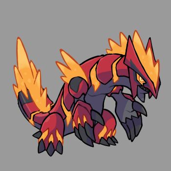 absurdres adoptable animal_focus black_teeth claws colored_sclera colored_teeth commentary english_commentary fakemon full_body gen_3_pokemon grey_background groudon highres legendary_pokemon nintendo no_humans orange_sclera original pokemon pokemon_(creature) pokemon_focus primal_groudon rgreywind sharp_teeth simple_background solo standing teeth yellow_eyes