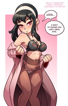 1girl artist_name bad_link bare_shoulders black_dress black_hair blush breasts cleavage dress earrings hair_ornament hairband hairpods highres holding jewelry large_breasts long_hair looking_at_viewer nose nose_blush pink_background red_eyes sidelocks solo spy_x_family the_other_half thick_eyebrows white_hairband yor_briar