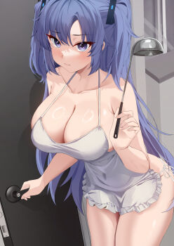 1girl absurdres apron blue_archive blue_hair blush breasts cleavage closed_mouth collarbone commentary_request covered_navel door doorway hair_between_eyes hair_ornament highres holding holding_ladle indoors ladle large_breasts long_hair nacho_(nacho_1103) naked_apron purple_eyes sidelocks solo two_side_up white_apron yuuka_(blue_archive)