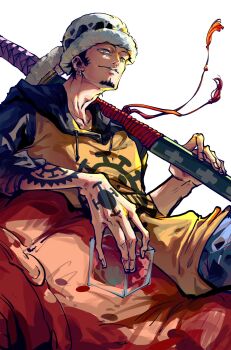 1boy arm_tattoo black_hair black_hat earrings facial_hair goatee hand_tattoo hat heart heart_pirates_jolly_roger highres holding holding_heart holding_sword holding_weapon jewelry looking_at_viewer male_focus one_piece sideburns simple_background sitting solo sword tattoo trafalgar_law weapon white_background yellow_eyes yuan_jessie0430