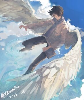 Rule 34 | 1boy, absurdres, black hair, black pants, blue eyes, blue sky, book, closed mouth, cloud, commentary, commentary request, dated, english commentary, feathered wings, full body, highres, holding, holding book, long hair, male focus, pants, qiuchi923, ray (yakusoku no neverland), scarf, shirt, short hair, sky, solo, twitter username, white shirt, white wings, wings, yakusoku no neverland
