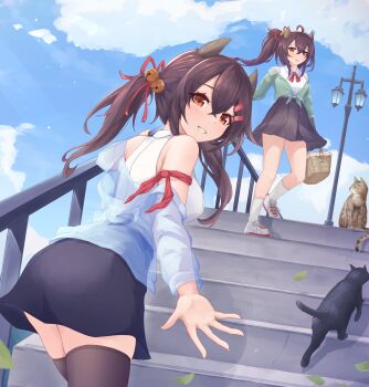 2girls absurdres azur_lane bare_legs bare_shoulders black_skirt blue_shirt blush breasts brown_hair cat clothes_pull commentary day demon_girl demon_horns english_commentary excited from_below green_shirt grin hair_between_eyes happy highres hooded_shirt horns isuzu_(azur_lane) kyl490 long_hair looking_at_viewer looking_back medium_breasts miniskirt multiple_girls nagara_(azur_lane) off_shoulder oni orange_eyes outdoors reaching reaching_towards_viewer shirt shirt_pull side_ponytail skirt smile standing thighhighs twintails vest white_vest