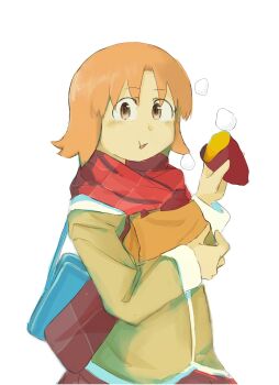 1girl bag briefcase brown_eyes earo_bike eating fecchan food highres holding holding_bag holding_food looking_at_viewer nichijou orange_hair red_scarf roasted_sweet_potato scarf school_briefcase school_uniform short_hair simple_background sweet_potato tokisadame_school_uniform white_background winter_uniform