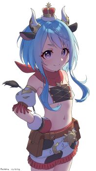 Rule 34 | 1girl, absurdres, animal ears, animal print, artist name, bag, bandana, bandana around neck, belt, blue hair, brown belt, closed mouth, cow ears, cow girl, cow print, cow tail, cowboy shot, crop top, cross-laced clothes, cross-laced top, crown, dated, detached sleeves, flat chest, fur-trimmed gloves, fur trim, gloves, hand on own hip, highres, horns, long hair, mahiru (princess connect!), midriff, mini crown, mittens, navel, princess connect!, puffy detached sleeves, puffy sleeves, purple eyes, red mittens, ruinone, satchel, sidelocks, simple background, smile, solo, star-shaped pupils, star (symbol), symbol-shaped pupils, tail
