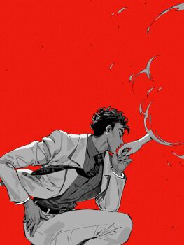 1boy absurdres belt closed_eyes commentary diamond_wa_kudakenai disintegration english_commentary formal_clothes greyscale_with_colored_background haddockkkk highres jojo_no_kimyou_na_bouken kira_yoshikage kiss kissing_hand male_focus murder necktie red_background severed_hand skull_print suit