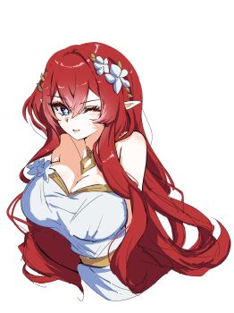 1girl ;) bare_shoulders blue_eyes breasts commentary_request cropped_torso cross-shaped_pupils dress flower hair_flower hair_ornament highres honkai:_star_rail honkai_(series) korean_commentary large_breasts laurel_crown long_hair looking_at_viewer maengkkong-i one_eye_closed pointy_ears simple_background smile solo symbol-shaped_pupils tribios_(honkai:_star_rail) very_long_hair white_background white_dress