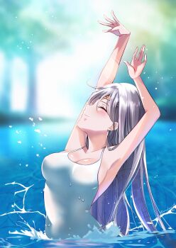 1girl armpits arms_up azusa_(azchemist63) breasts cleavage closed_eyes fire_emblem fire_emblem:_genealogy_of_the_holy_war forest head_back highres julia_(fire_emblem) lake long_hair nature nintendo one-piece_swimsuit partially_submerged purple_hair sideboob smile solo swimsuit water white_one-piece_swimsuit